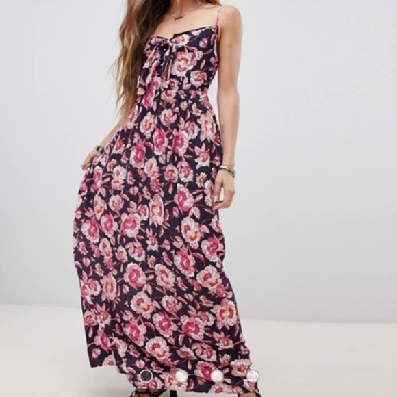 Band Of Gypsies Women XS Blue Pink Floral Spaghetti Straps Tie Front Maxi Dress - Picture 1 of 10